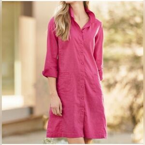 NWT! EILEEN FISHER Size M • Pink Classic Collar Organic Linen Shirt Dress.